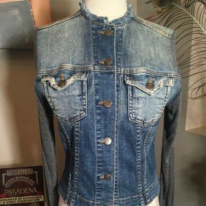 John Eshaya Blue Denim Gray Knit Sleeve Jacket